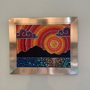 Gorgeous sunset/mountains dot mandala style painting in silver frame 10”X12” new